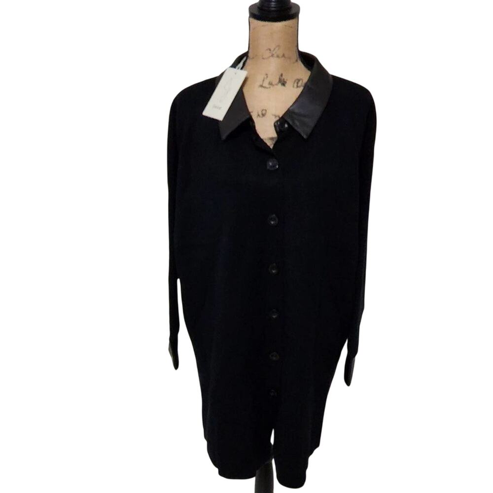 Joie Vegan Leather Black Collared‎ Button Front Long Sleeve Sweater Coatigan 2X